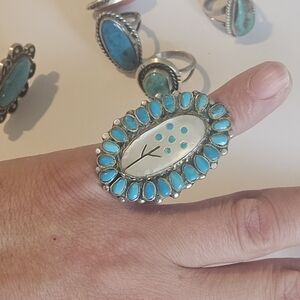 Massive Vintage High Quality Native American Turquoise Sterling MOP Inlay Ring 9
